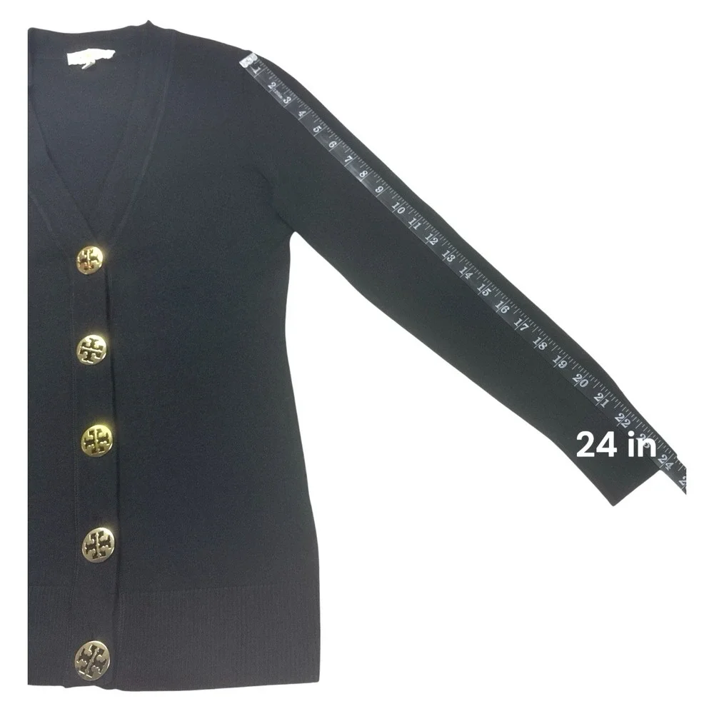 Tory Burch Simone Black Merino Wool Cardigan Sweater Gold Logo Buttons M